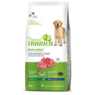 Natural Trainer Maxi/Adult hundefoder med oksekød og ris, Made in Italy, uden farvestoffer, konserveringsmidler eller tilsat sukker. Indeholder hørfrø og spirulina. Pakningsstørrelse: 12 kg.