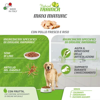 Natural Trainer Maxi Mature mit frischem Huhn und Reis. Zutaten: Leinsamen, Teufelskralle, Obst mit Antioxidantien. Unterstützt Gelenkgesundheit und Alterung. Ohne Farbstoffe, Konservierungsstoffe, Zucker.