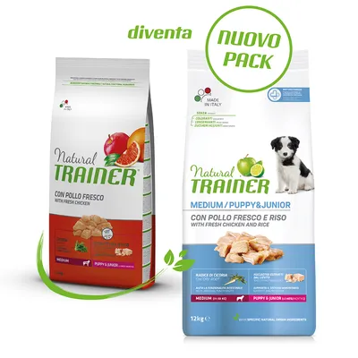 Dve vreči hrane za pse Natural Trainer: leva z napisom 'con pollo fresco', desna 'medium/puppy&junior con pollo fresco e riso', na desni slika mladiča, oznaka 'nuovo pack'.