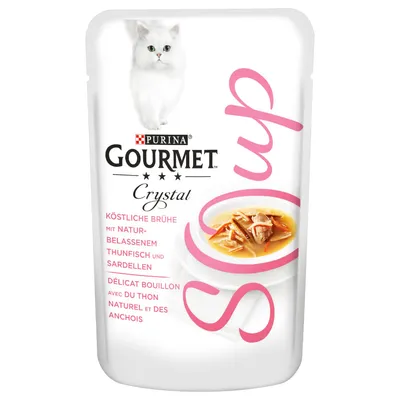 Purina Gourmet Crystal -kissanruoka-annospussi, kuvassa valkoinen kissa, lautasella lihaa liemessä. Teksti saksaksi ja ranskaksi: tonnikalaa ja sardelleja herkullisessa liemessä.