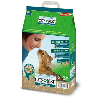Balení steliva pro kočky CAT'S BEST GreenPower, 7,2 kg, 20 l. Text: 3-FACH AKTIV, TRIPLE ACTION, Extremely absorbent and odour-binding, Extra soft on paws, Ultra clumping.