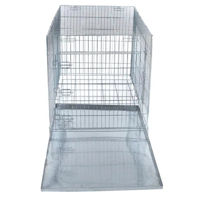 Metallkäfig mit Gitterwänden und herausziehbarer Metallbodenwanne, geeignet für sichere Unterbringung von Tieren.