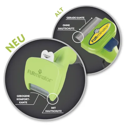 Comparativa de cortapelos FURminator: modelo nuevo con borde curvado y protector de piel, modelo antiguo con borde recto sin protector. Texto en alemán visible en la imagen.