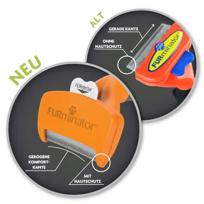 Comparativa de cortapelos FURminator: modelo nuevo con borde curvado y protector de piel, modelo antiguo con borde recto sin protector. Texto en alemán visible en la imagen.