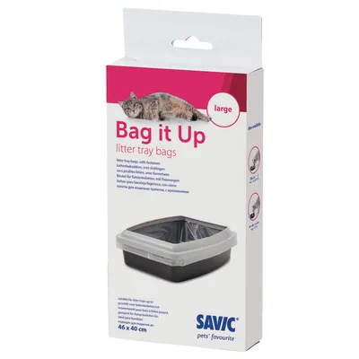 Pakiranje s natpisom 'Bag it Up litter tray bags large', prikaz vrećica za mačji WC, dimenzije 46 x 40 cm, marka SAVIC. Prikazana posuda s umetnutom vrećicom.
