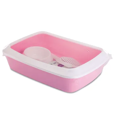 Bac rectangulaire rose en plastique avec rebord blanc, contenant une gamelle blanche et une pelle ajourée blanche posées à l’intérieur.
