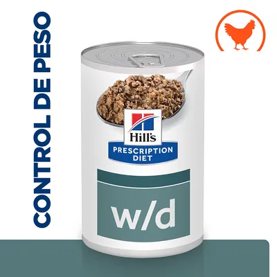 Lata de Hill's Prescription Diet w/d con texto visible 'CONTROL DE PESO' y símbolo de pollo. Etiqueta muestra comida húmeda en una cuchara.