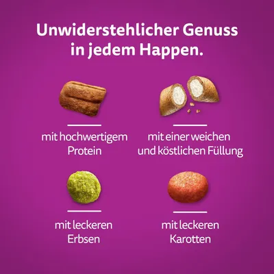 Unwiderstehlicher Genuss in jedem Happen: mit hochwertigem Protein, weicher köstlicher Füllung, leckeren Erbsen und Karotten.