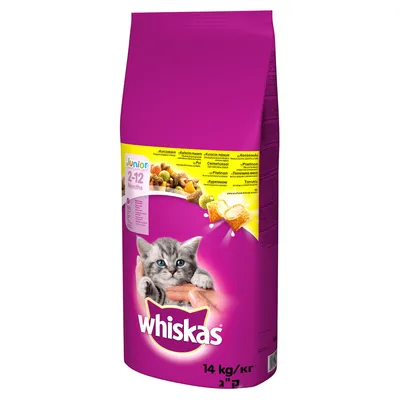 Whiskas Junior храна за котенца от 2 до 12 месеца, опаковка 14 кг. Видими съставки: птиче месо и зърнени храни. Лилава опаковка с изображение на коте.
