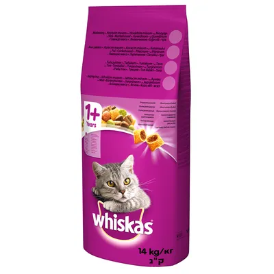 Whiskas suché krmivo pre mačky od 1 roka, príchute: kuracie, hovädzie, morčacie a jahňacie. Veľkosť balenia: 14 kg.