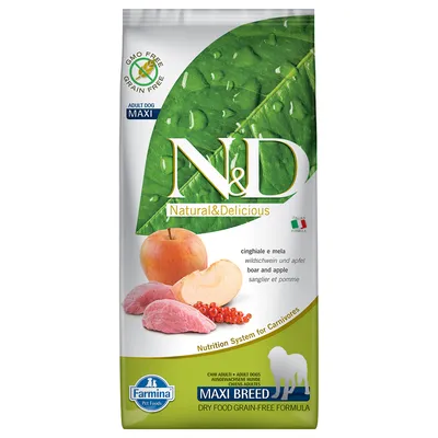 Hrană uscată pentru câini adulți de talie mare Farmina N&D Natural & Delicious Maxi Breed, cinghiale e mela (mistreț și măr), fără cereale, GMO free, ambalaj cu logo Farmina.