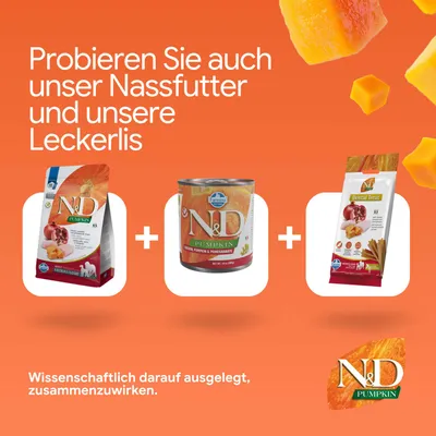 Probieren Sie auch unser Nassfutter und unsere Leckerlis. Wissenschaftlich darauf ausgelegt, zusammenzuwirken. Abgebildet: N&D Pumpkin Trockenfutter, Nassfutter, Dental Treat.