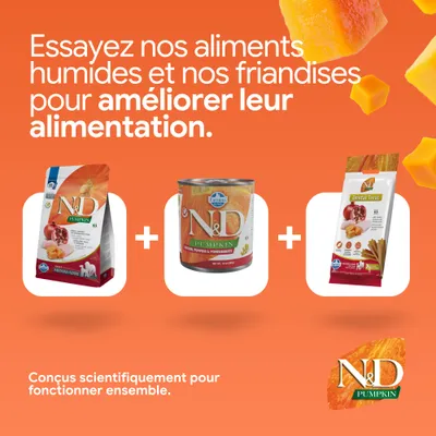 N&D Pumpkin croquettes, aliments humides et friandises dental. Développé scientifiquement pour une nutrition améliorée.
