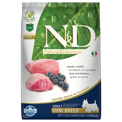 Farmina N&D Natural & Delicious Adult Mini Breed bárány és áfonya kutyatáp csomagolás, GMO free, grain free, gluten free feliratokkal, olasz zászlóval.