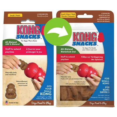 KONG Snacks verpakking, leverrecept voor honden, geschikt voor kleine KONG. Tekst: All-Natural, Stuff to extend playtime, Naturally tasty, Made with natural chicken liver, netto gewicht 198g.