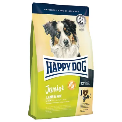 Confezione di crocchette Happy Dog Junior Lamb & Rice, 72% proteine animali, scritta 'Happiness made in Germany', per cuccioli. Testo visibile: I love you!