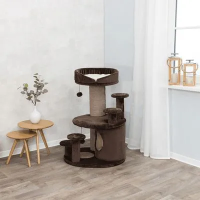 Árvore para gatos castanha com vários patamares, arranhador em sisal, cama circular no topo e brinquedo pendurado. Estrutura em tecido e corda, colocada numa sala junto a uma janela.