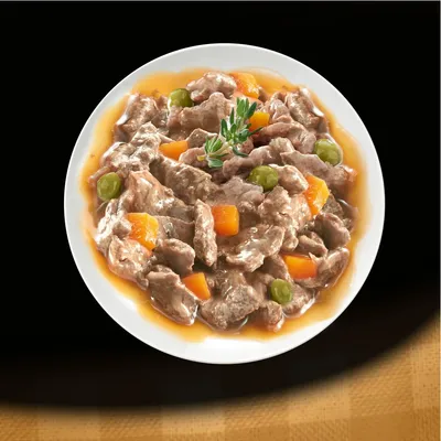 Plato de comida húmeda con trozos de carne en salsa, zanahorias y guisantes verdes visibles, decorado con una ramita de hierbas.