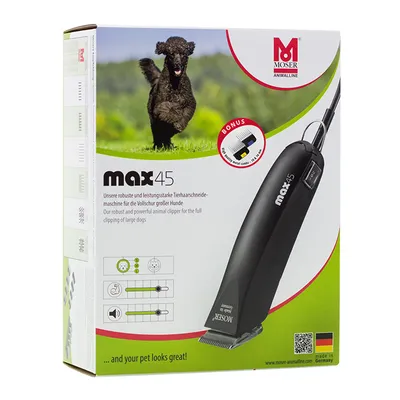 Tondeuse Moser max45 pour animaux, visible sur l’emballage avec texte anglais/allemand, bonus peigne métal 1–18 mm, indicateurs d’utilisation et drapeau allemand « made in Germany »