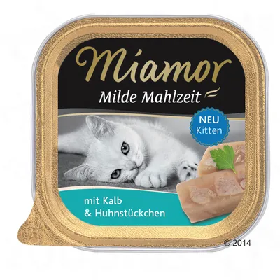 Miamor Milde Mahlzeit, NEU Kitten, mit Kalb & Huhnstückchen. Billede af killing og kød på emballagen.