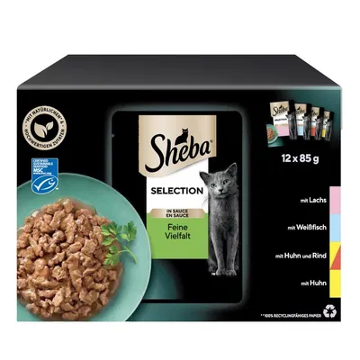 Sheba Selection Feine Vielfalt, 12 x 85 g. Príchute: losos, biely ryb, kuracie a hovädzie, kuracie. Na obale certifikát MSC a informácia o recyklovateľnom papieri.