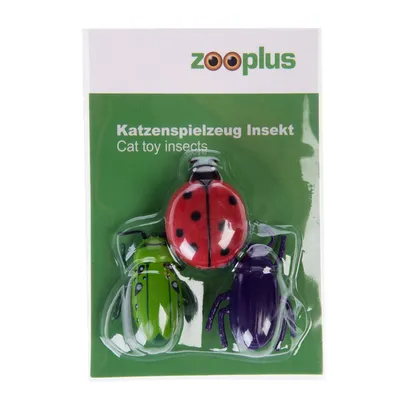 Zooplus cat toy insect, set of three colourful insects: ladybird, green beetle and purple beetle. Packaging with green background and product name in German and English.