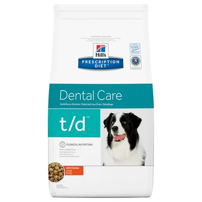 Dental Care t/d food with chicken, clinical nutrition to reduce plaque and tartar. Veterinary exclusive. VOHC accepted. Prescription Diet branding visible.