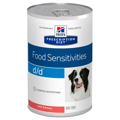 Hill's Prescription Diet Food Sensitivities d/d com salmão, comida húmida para cães. Texto visível: Clinical Nutrition, Dog Food, Veterinary Exclusive.