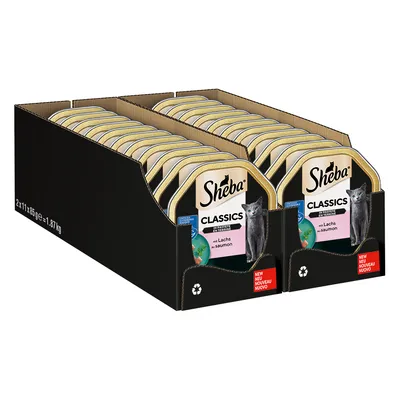 Sheba Classics in pâté with salmon, pack size: 2x11x85g, total weight 1.87kg. Recycling symbol visible.