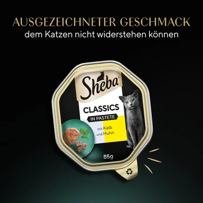 Sheba Classics in Pastete mit Kalb und Huhn, 85g. Ausgezeichneter Geschmack, dem Katzen nicht widerstehen können.