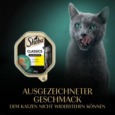 Sheba Classics in Pastete mit Kalb und Huhn, 85g. Ausgezeichneter Geschmack, dem Katzen nicht widerstehen können.
