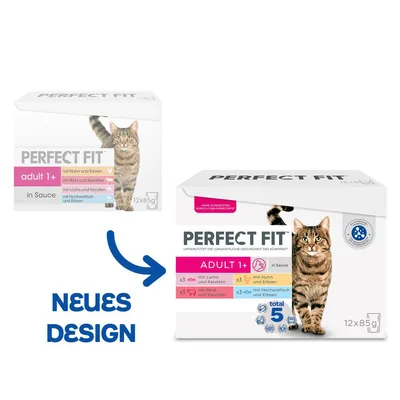 Perfect Fit Adult 1+ in Sauce, neues Design. 12x85g mit Lachs und Karotten, Rind und Karotten, Huhn und Erbsen, Hochseefisch und Erbsen. Unterstützt die Gesundheit des Körpers.