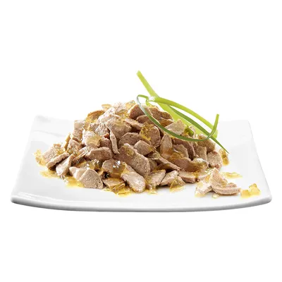 Парчета месо в желе, сервирани върху бяла чиния с украса от зелени стръкове. Видимият продукт е консервирана храна за домашни любимци.