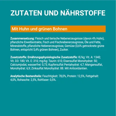 Ainesosat ja ravintoaineet: kanaa ja vihreitä papuja, proteiini 12,5 %, rasva 4 %, kosteus 78 %, kuitu 0,5 %. Sisältää tauriinia, vitamiineja ja kivennäisaineita. Saksa.