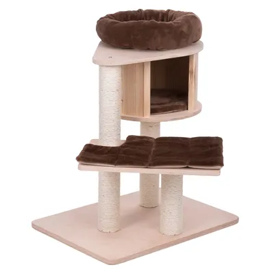 Krabpaal van hout met drie sisalpalen, bruin pluche ligmand bovenop, open slaaphuisje en zacht kussen op het middelste plateau. Basis van licht hout.
