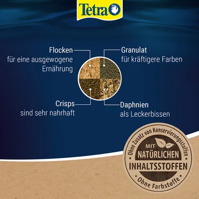 Tetra. Flocken für ausgewogene Ernährung, Granulat für kräftigere Farben, Crisps sind sehr nahrhaft, Daphnien als Leckerbissen. Mit natürlichen Inhaltsstoffen, ohne Konservierungsstoffe und Farbstoffe.