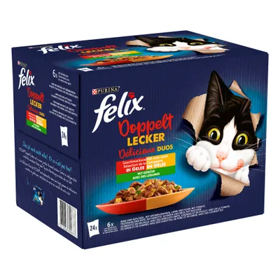Boîte Purina Felix Délicieux Duos, sélection de la campagne en gelée avec des légumes, 24x sachets. Image d’un chat noir et blanc et d’une assiette de nourriture visible sur l’emballage.