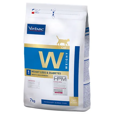 Sac Virbac Veterinary HPM Cat Weight W 7 kg, Weight Loss & Diabetes, pour chat, texte visible : Obesity (>30%) & Diabetes, CAT ALL SIZES, informations nutritionnelles en anglais.