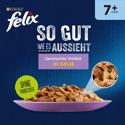 Purina Felix. So gut wie es aussieht. Gemischte Vielfalt in Gelee. Ohne Farbstoffe. Für Katzen ab 7 Jahren.