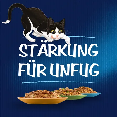 Musta kissa, teksti 'Stärkung für Unfug', kolme lautasta kissanruokaa eri väreissä.