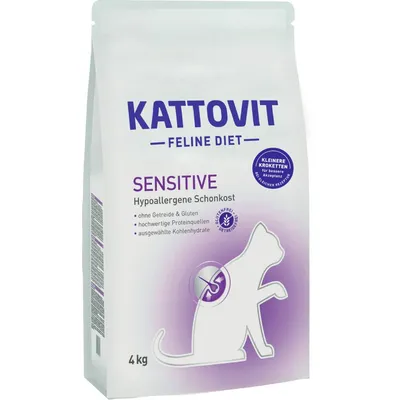 Kattovit Feline Diet Sensitive 4 kg, Hypoallergene Schonkost, bez zbóż i glutenu, wysokiej jakości białka, wybrane węglowodany. Tekst po niemiecku widoczny na opakowaniu.