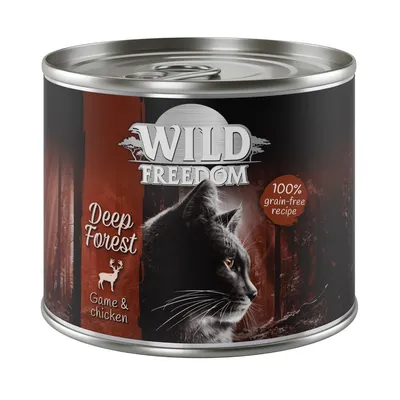Wild Freedom Deep Forest, game & chicken, 100% grain-free recipe. Tin with forest design and black cat.