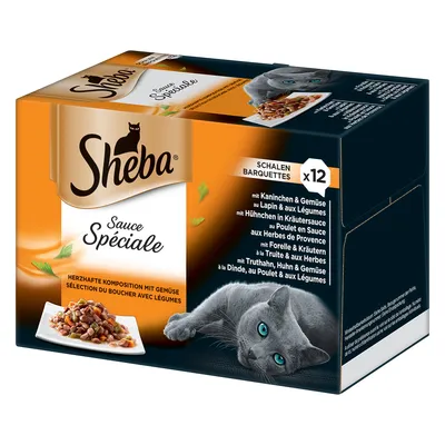 Confezione Sheba Sauce Spéciale, 12 vaschette. Testo visibile: mit Kaninchen & Gemüse, mit Hähnchen in Kräutersauce, mit Forelle & Kräutern, mit Truthahn, Huhn & Gemüse.