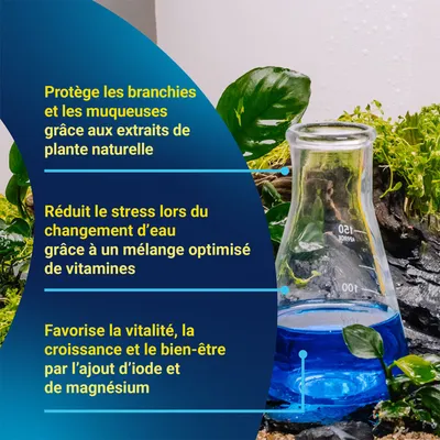 Protège les branchies et les muqueuses grâce à des extraits de plantes naturels, réduit le stress lors du changement d’eau grâce aux vitamines, favorise la vitalité et la croissance grâce à l’iode et au magnesium. Protège les branchies et les muqueuses grâce à des extraits de plantes naturels, réduit le stress lors du changement d’eau grâce aux vitamines, favorise la vitalité et la croissance grâce à l’iode et au magnesium.