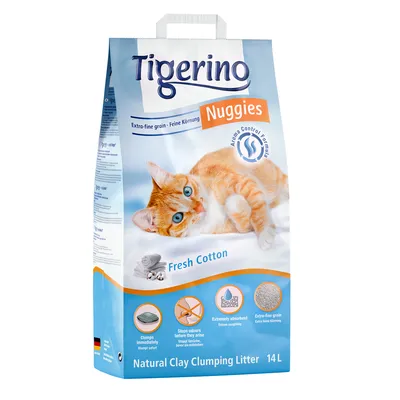 Arena aglomerante para gatos Tigerino Nuggies Fresh Cotton, fórmula control de aroma, grano extra fino, absorción extrema, formato 14 L. Texto en inglés y alemán visible.