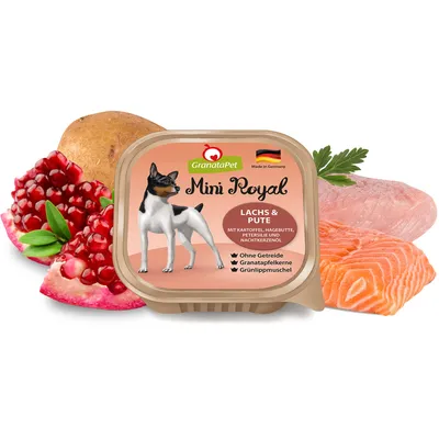 GranataPet Mini Royal łosoś i indyk, z ziemniakiem, dziką różą, pietruszką i olejem z wiesiołka. Bez zbóż, pestek granatu, małży nowozelandzkiej. Wyprodukowano w Niemczech.