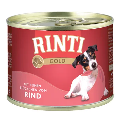 Rinti Gold hundmatburk, med fina bitar av nötkött, röd design med hundbild.