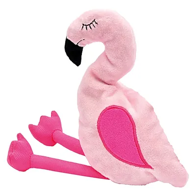 Rosa Plüschspielzeug in Flamingo-Form mit gestickten Augen und langen Beinen.