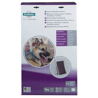 Confezione PetSafe Extreme Weather Pet Door, porta per animali per condizioni climatiche estreme, efficienza energetica, immagine di un cane e della porta per animali. Testo in più lingue.
