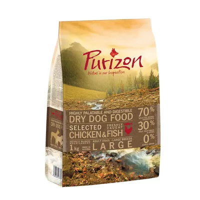 Purizon Nature is our inspiration, croquettes pour chiens grandes races, poulet et poisson, 1 kg, 70 % ingrédients animaux, 30 % fruits/légumes/herbes, 0 % céréales ajoutées, made in Austria